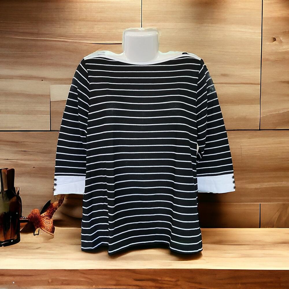 Liz Claiborne Women's B/W Striped Boatneck Lightweight Knit Casual Sweater SZ XL